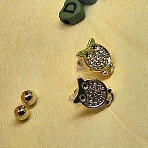 Dainty White.Baguette Diamonds 18K Yellow Owl Gold Earrings on 925 Silver